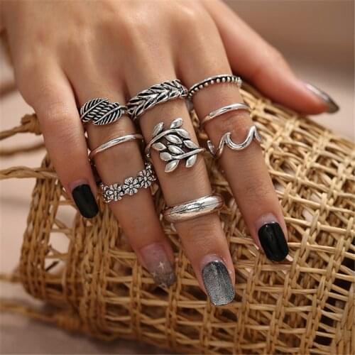 2021 Vintage Women Silver Finger Knuckle Rings Set Women Wheat Leaf Charm Bohemian Ring Fashion Party Jewelry Gift