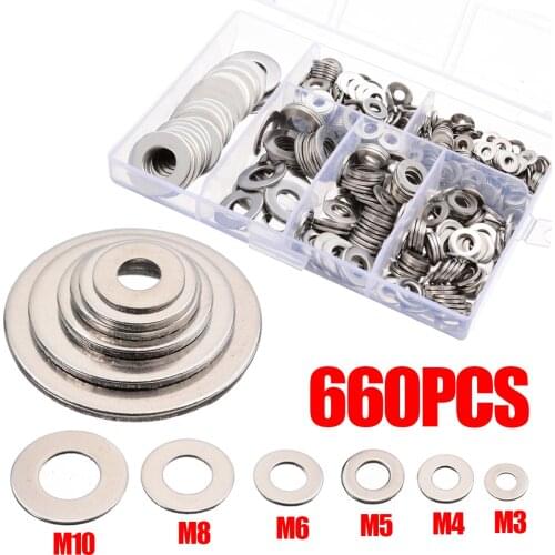 660pcs M3 M4 M5 M6 M8 M10 Stainless Steel Washer Plain Washer Kit Screw Fastener Hardware Assortment Accessories