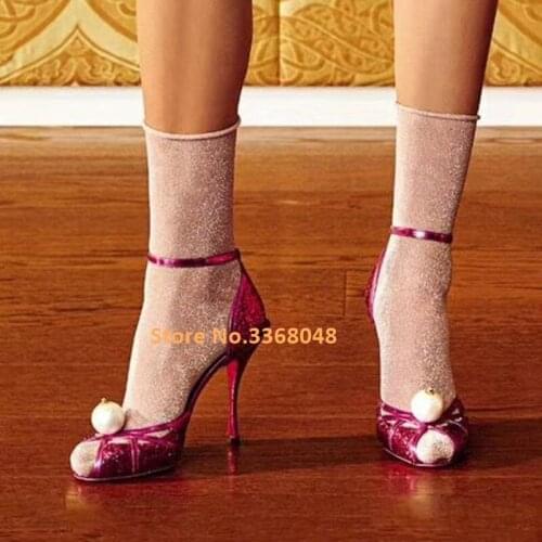 Glitter Peep Toe Stiletto High Heel Sandals Ankle Strap Cut Out Pearl Decor Night Club Dress Ladies Party Shoes Sequined