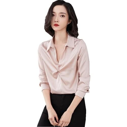 Fashion Women spring summer Turn-down Collar casual Tops Long Sleeve loose Solid Color Satin blouse office lady Basic Shirt