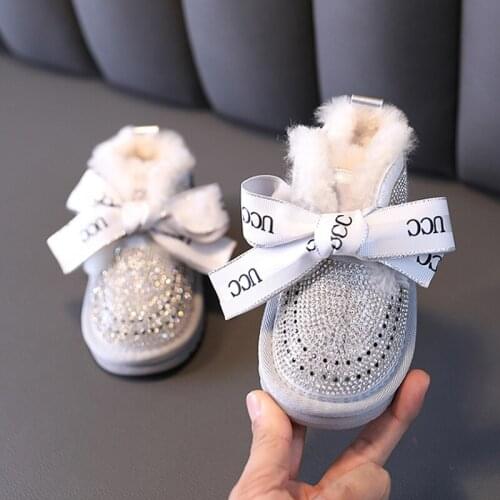 Kids 2021 Winter Baby Girls Boots Rhinestone Princess Warm Plush Toddler Cotton Shoes Non-Slip Fashion Wool Infant Snow Boot