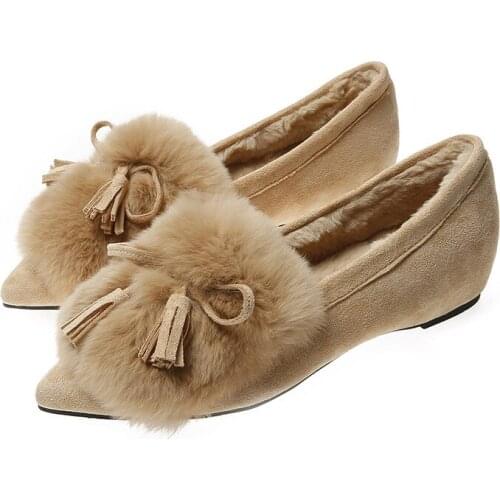 Size 41 Bow Pointed Toe Loafers Women Shoes Casual Slip on Shoes for Women Flats Comfortable Warm Winter Shoes Women Oxfords