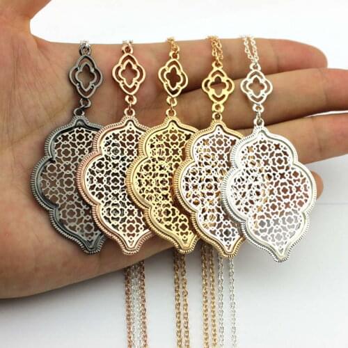 ZWPON Fashion Gold Silver Color Filigree Necklace Trellis Statement Long Cutout Alloy Necklace Pendant Long Necklace Women