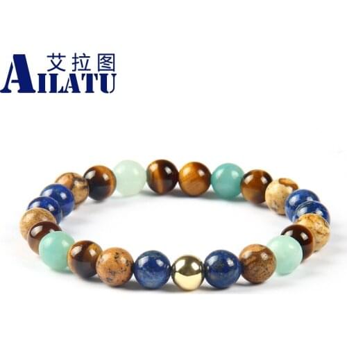 Ailatu Fashion Mix Natural Stone Beads CZ Ball Bracelet with Lapis Lazuli, Tiger Eye, Amazone and Picasso Bangle Jewelry