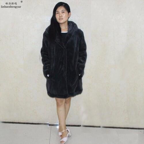 Linhaoshengyue Winter Fashion Real Mink Fur Women Coat with Hood Fashion Warm Winter Fashion Women Coat