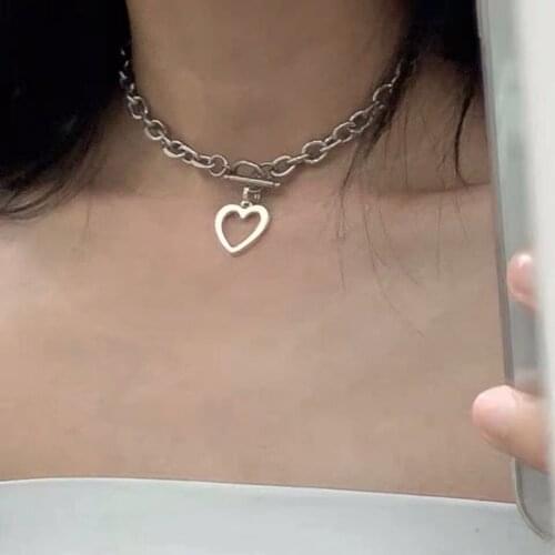 Punk Thick Lock Chain Heart Shape Pendant Short Choker Necklace for Women Retro INS Gold Silver Color Metal Necklace Jewelry