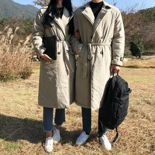 Winter Mens Long Thick Warm Parka Coat Double Breasted With Belt Cotton-padded Outwear Black Khaki A13