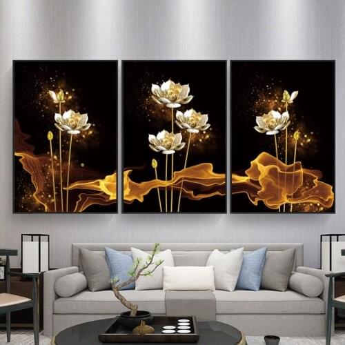 Still life posters Lotus canvas Home decoration Bedroom murals Light luxury golden flowers painting and plants Print No frame