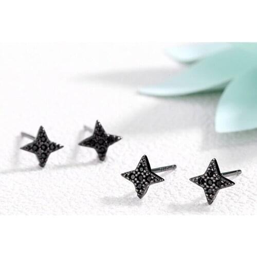 Dainty Flower Small Star Stud Earrings Charm 14KT Black Gold Wedding Earrings For Women Cute Bride Round Zircon Stone Earrings