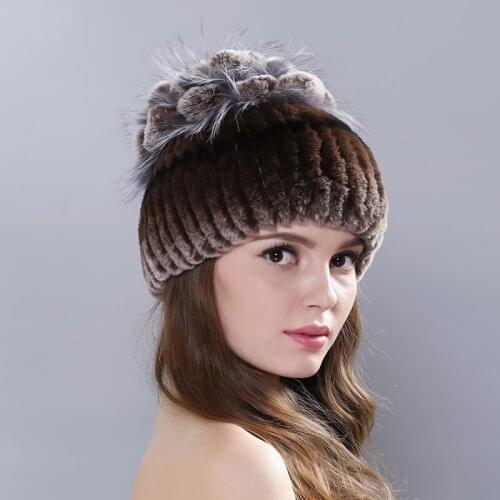 Rex Rabbit Fur High Quality Hat Women Winter Warmth Knitted Beanies Cap Ladies Fashion Thicken Soft Outdoor Skullies Hats H7079