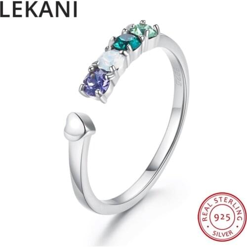 LEKANI Brand Colorful Beads Crystals From Swarovski Real S925 Silver Open Rings Resizable Gold Color Jewelry For Women Wedding