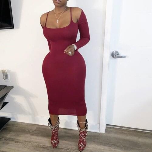Spaghetti Strap Off Shoulder Sexy Bodycon Dress Women 2020 Long Sleeve Sheath Celebrity Evening Bandage Party Dress Femme Robe