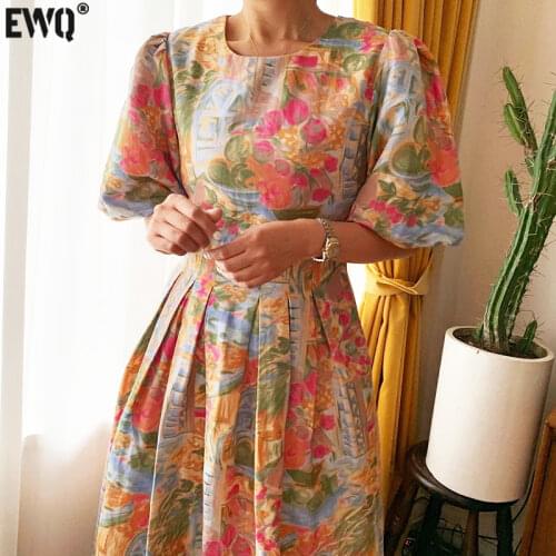 [EWQ]Korea Chic Puff Sleeve Loose Ladies 2021 Summer Contrast Oil Painting Waist Printed Pleated Dress Trendy Clothing Vestido