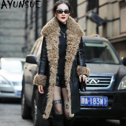 AYUNSUE Winter Coat Women Leather Jacket Real Lamb Fur Collar Sheepskin Coat Female Long Down Jacket Warm Parka Veste Femme MY