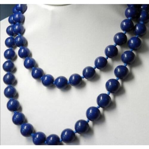 10mm blue lapis lazuli necklace 35" ^^^@^Noble style Natural Fine jewe