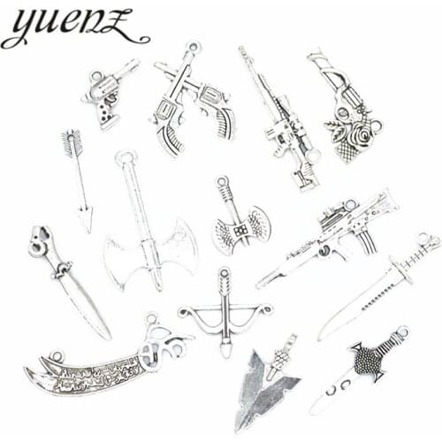 YuenZ 14pcs Antique silver color Charms Mix gun sword ax charm metal pendants fit necklace Bracelets jewelry making U023