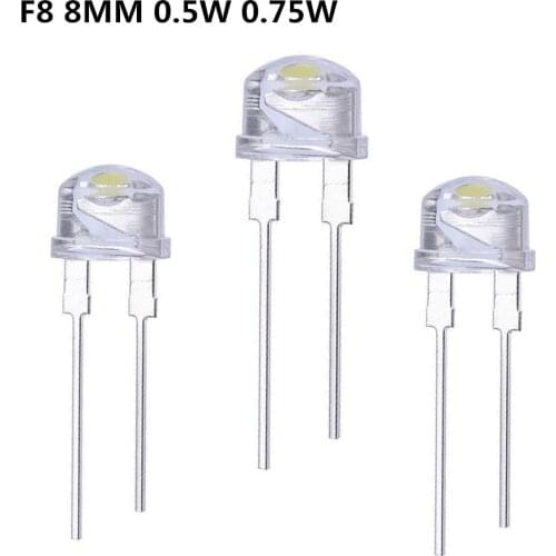 20PCS 50PCS 500PCS/ LED 8mm straw hat lamp bead are white light 0.5W 0.75W big chips F8MM hight power hat light-emitting diode