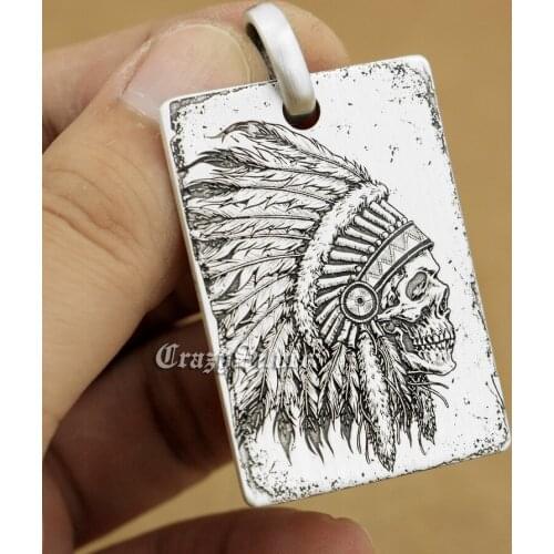 925 Sterling Silver High Detail Deep Engraved Indian Chief Skull Dog Tag Mens Biker Rocker Punk 9X002 Just Pendant