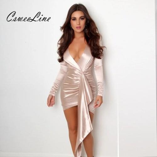 Champagne Satin Dress Women Deep V-neck Sexy Long Sleeve Classic Femme Vestidos Vintage Streamer Ruched Bodycon Club Party Dress