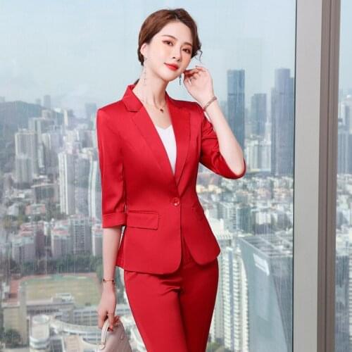 IZICFLY Summer Style New Red Slim Elegant Half Sleeve Business 2 Piece Set Women Work Wear Blazer And Pants Office Suit