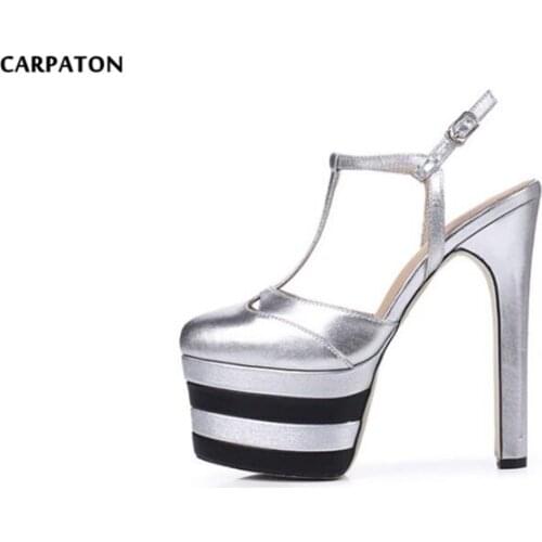 Carpaton 2019 Women Newest Bling Patent Leather Solid Square High heels Fashion T-tied Stripe Platform Design Style Women shoes