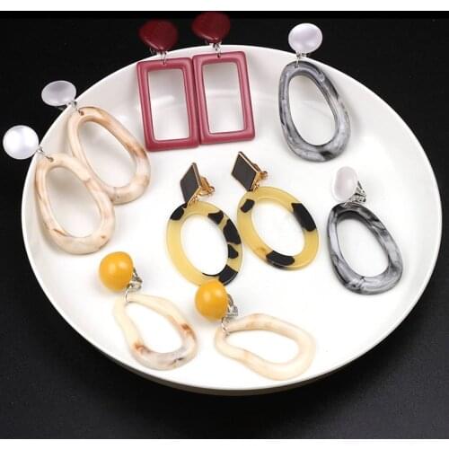 Tortoiseshell Earrings Clip On Non Piercing Women Hoops Dangle Statment Marble Clip Ear Rings Circle Drop Boho Fashion Jewelry