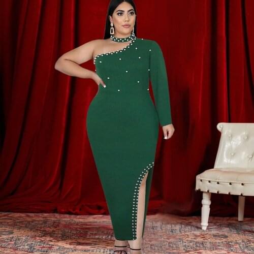 Plus Size Dress Elegant Long Women Sexy One Shoulder Irregular Sleeve Green Beading Bodycon Slit Evening Party Event Outfits