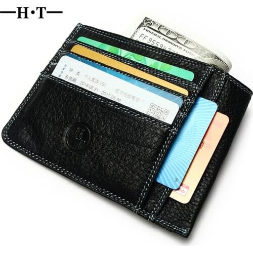 HT Luxury Real Genuine Cow Leather Men Slim Minimalist Wallet Mini ID Credit Card Holder Man Small Case Bag Money Purse Pocket