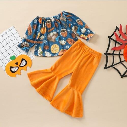 Toddler Girls 2Pcs Halloween Outfits Off Shoulder Spring Autumn Long Sleeve Tops + Flare Pants Set