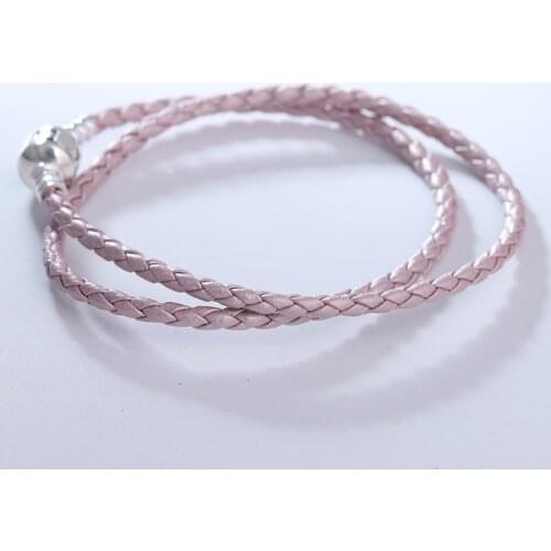Light Pink Color Leather Bracelets for Women Classic Signature Clasp Silver 925 Jewelry Braided Rope Charms Bracelets DIY Making