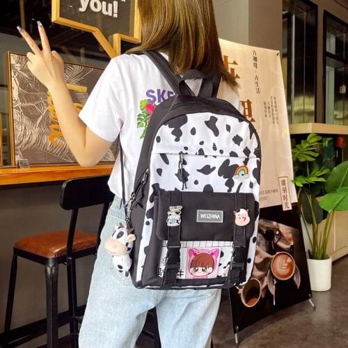 Kawaii School Bag For Girls Fashion Womens Backpack Cow Pattern Contrast Color Large Capacity Travel Backpacks