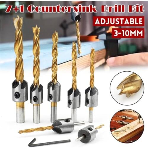 7/8Pcs 3-10mm Countersink Drill Bit Set Three Point Drill Set Carpentry Boring Tool Woodworking Tool With Hexagon L-Wrench