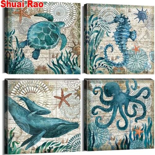 Ocean Theme diamond painting Sea Animal Octopus Turtle Seahorse Whale Wall Art Pictures round diamond embroidery graph