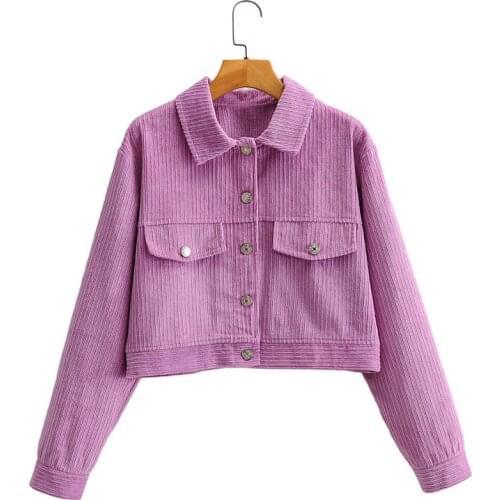 Autumn women corduroy purple short jackets stylish lady long sleeve double pocket loose outwear womens Vogue jacket femme