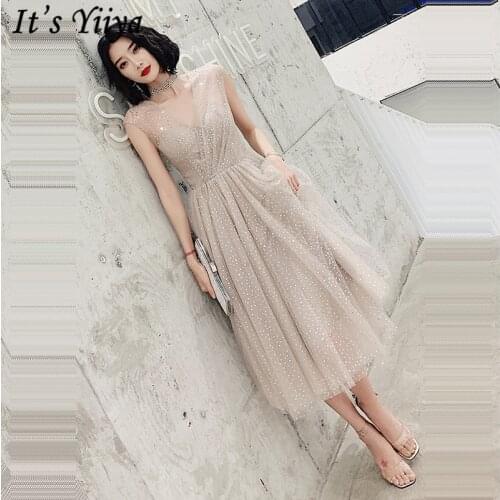 Its Yiiya Dress Prom V-Neck Sequined Sleeveless A-Line Illusion Short Prom Dress Knee-Length Plus Size Vestidos De Gala LF225