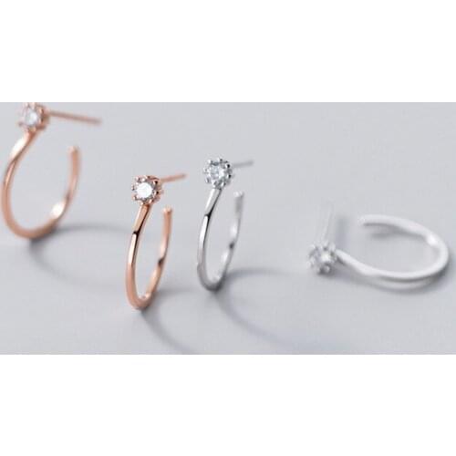 Real 925 Sterling Silver Simple Simple Zircon Stud Earrings Half Circle Earrings Studs for Women Girls