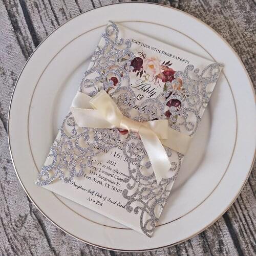 Rose Flower Personalized Print Silver Glitter Wedding Invitation with Ribbon and Envelope DIY Invites for Engagement