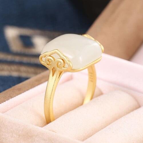 S925 Sterling Silver Exotic Auspicious Clouds White Jade Open Ring Hetian Jade Ring Exquisite Classical Light Luxury Womens Jew