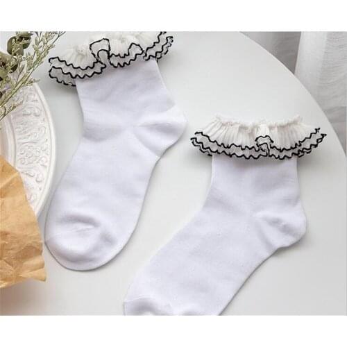 Women Girls Cotton Ankle Socks Cute double lace Students Lolita Hosiery B745