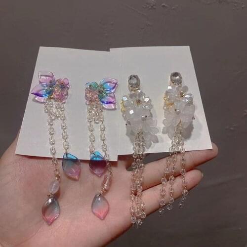 Arcylic Flower Cubic Zircon Dangle Earring for Women Long Tassel Beaded Earring Jewelry Pendientes