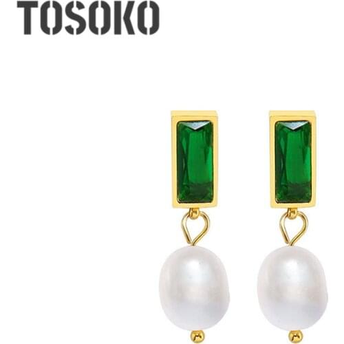 TOSOKO Stainless Steel Jew Green Black Zircon Earrings Baroque Style Natural Freshwater Pearl Elegant Earrings For Women BSF372