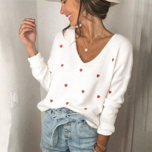Women Sweater 2021 Winter Fashion Embroidery Heart Long Sleeve Pullover V Neck Knitwear Korean Jumper Casual Loose Tops