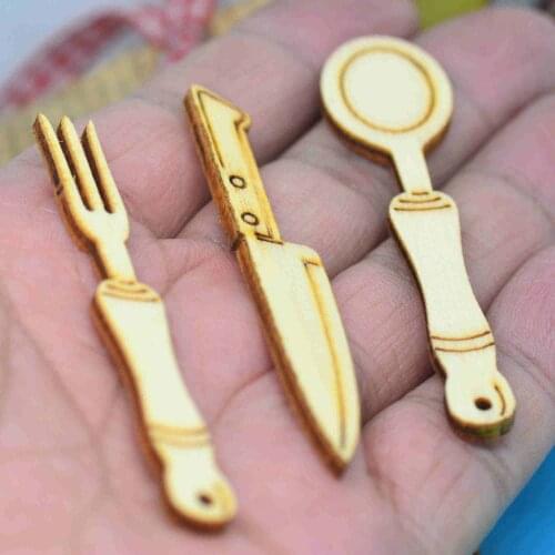 12PCS Laser Cutting Wooden Fork,Knife,Spoon Crafting Charms,Dollhouse Play Miniatures,Earring Pendants