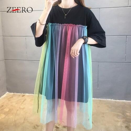 2021 Summer Korean Fashion Dresses for Women Round Neck Short Sleeve Letter Splicing Rainbow Colors Lace Midi Dress Plus Size