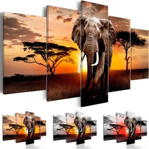 2019 5Pcs Sunset Elephant Large Landscape Painting Canvas Picture Prints for Home Living Room Decor (Color: Multicolor)