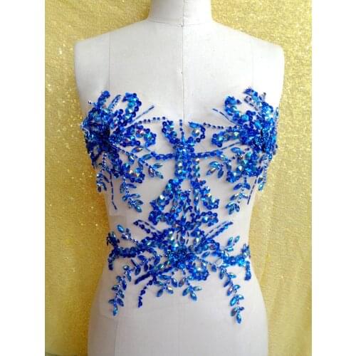 A60 Deep blue Handmade crystal patches sew on trim Rhinestones applique with stones sequins beads 34*34cm for dress