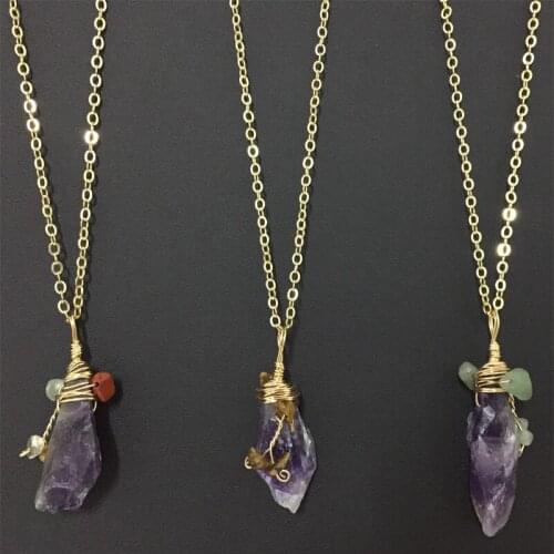 Reiki Healing Crystal Stone Pendant Necklace Irregular Natural Raw Purple Quartz With Chip Stone Charms for Womens DIY Jewelry