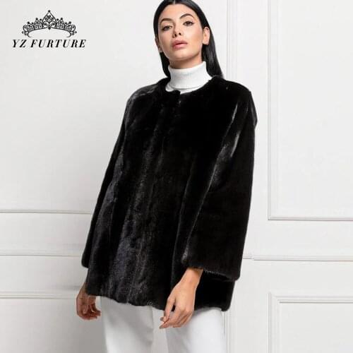 Black Natural Mink Fur Round Collar Women Coat Regular Sleeve Lady Fashion Slim Jacket Pocket Design Classic Style MKW-427