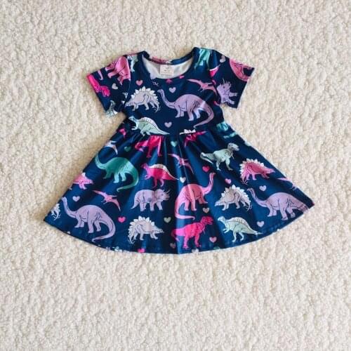 Kids Valentines Day Clothes Short Sleeve Dinosaur Print Spring Girl Dress