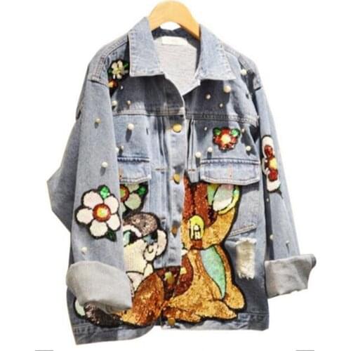 New Korea Spring Autumn Jean Jacket Womens New Cartoon Appliques Bead Cartoon Sequins Denim Fashion Harajuku Coat Casual Outwear
